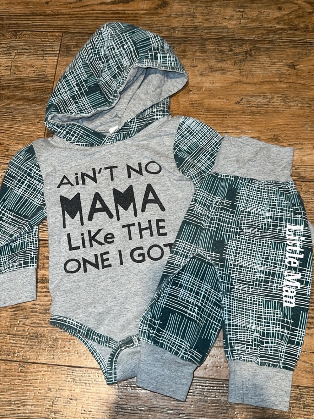 Amazon Gray and Teal Hooded Bodysuit Set - 'Ain't No Mama Like The One I Got'